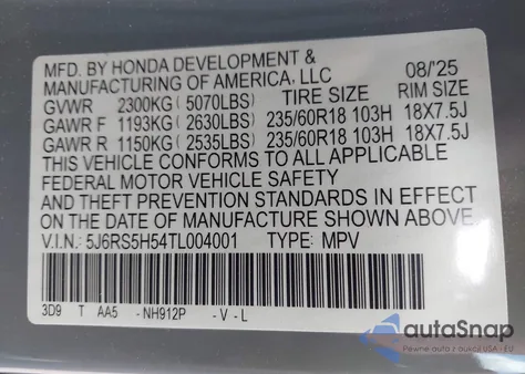 2026 Honda Cr-V Hybrid 2Wd Sport z USA, uszkodzony, nr VIN 5J6RS5H54TL004001